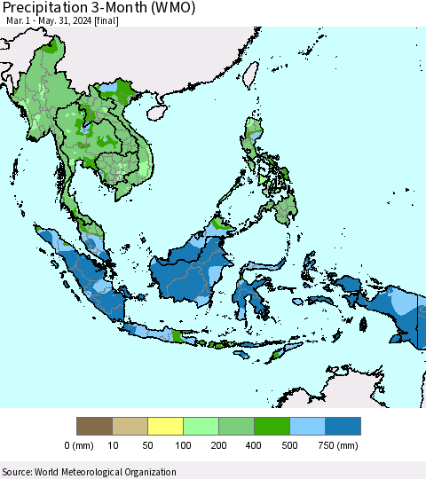 South East Asia Precipitation 3-Month (WMO) Thematic Map For 3/1/2024 - 5/31/2024