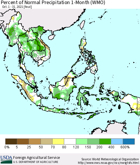 South East Asia Percent of Normal Precipitation 1-Month (WMO) Thematic Map For 10/1/2021 - 10/31/2021