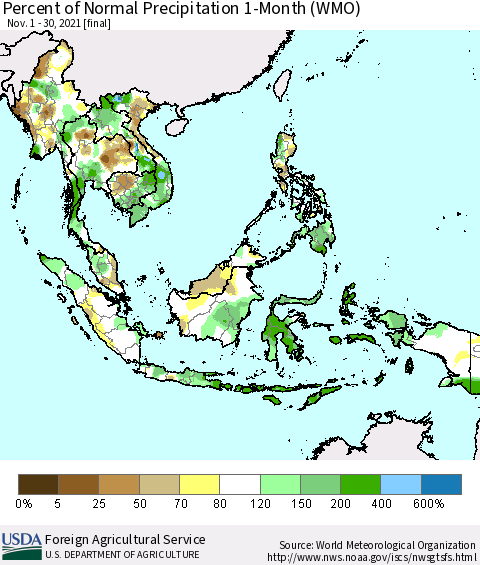 South East Asia Percent of Normal Precipitation 1-Month (WMO) Thematic Map For 11/1/2021 - 11/30/2021