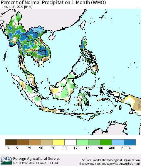 South East Asia Percent of Normal Precipitation 1-Month (WMO) Thematic Map For 1/1/2022 - 1/31/2022
