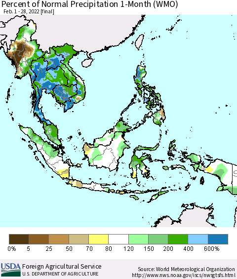 South East Asia Percent of Normal Precipitation 1-Month (WMO) Thematic Map For 2/1/2022 - 2/28/2022