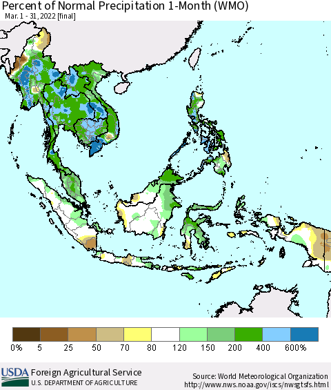 South East Asia Percent of Normal Precipitation 1-Month (WMO) Thematic Map For 3/1/2022 - 3/31/2022