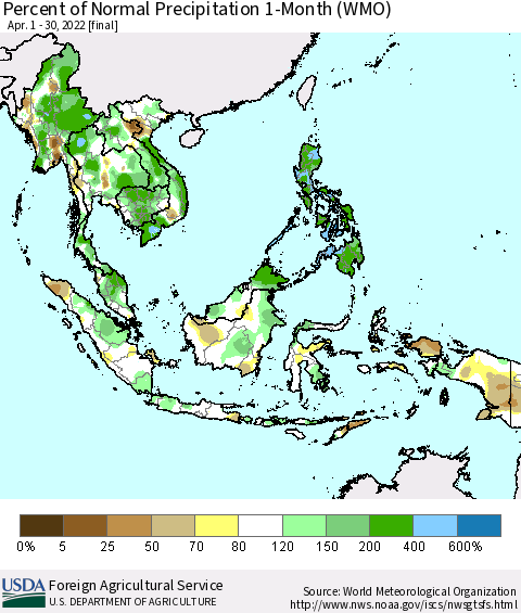 South East Asia Percent of Normal Precipitation 1-Month (WMO) Thematic Map For 4/1/2022 - 4/30/2022