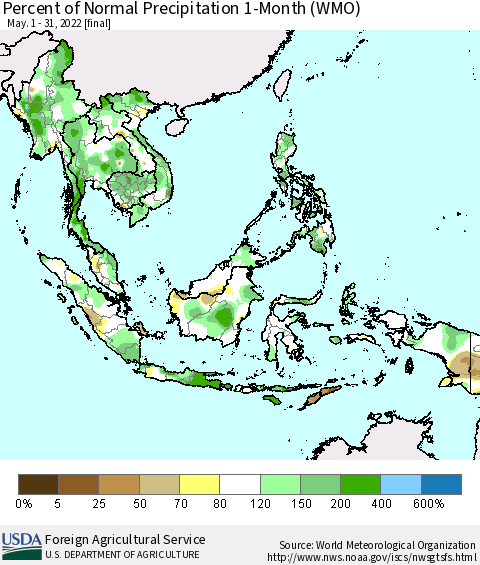 South East Asia Percent of Normal Precipitation 1-Month (WMO) Thematic Map For 5/1/2022 - 5/31/2022