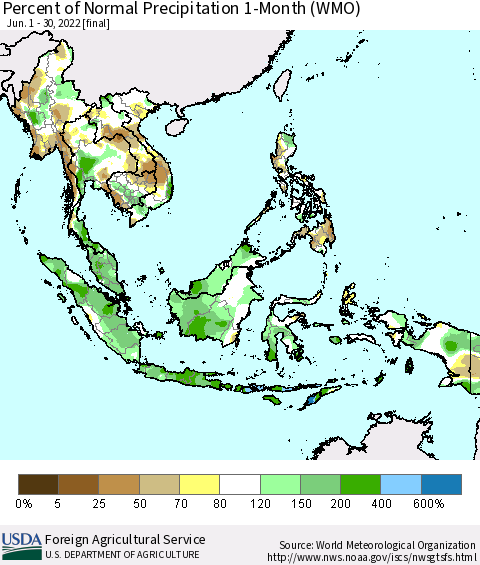 South East Asia Percent of Normal Precipitation 1-Month (WMO) Thematic Map For 6/1/2022 - 6/30/2022