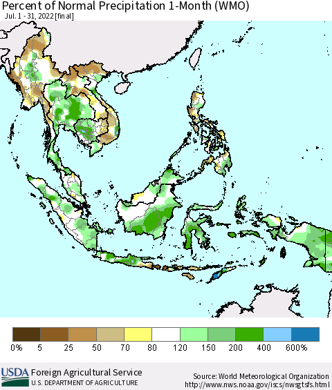South East Asia Percent of Normal Precipitation 1-Month (WMO) Thematic Map For 7/1/2022 - 7/31/2022
