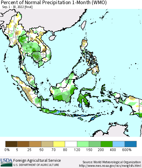 South East Asia Percent of Normal Precipitation 1-Month (WMO) Thematic Map For 9/1/2022 - 9/30/2022