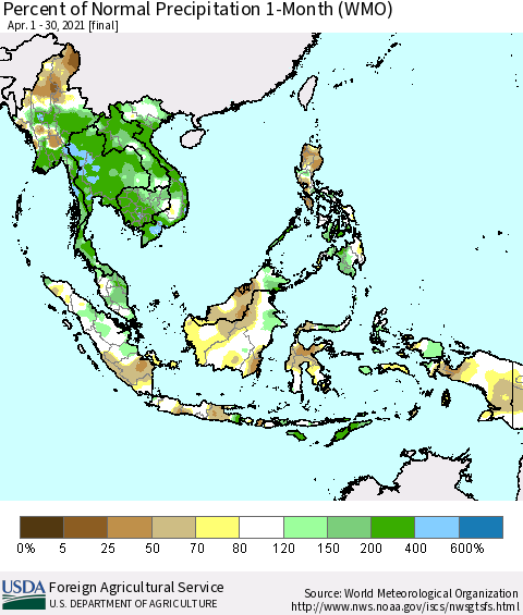 South East Asia Percent of Normal Precipitation 1-Month (WMO) Thematic Map For 4/1/2021 - 4/30/2021