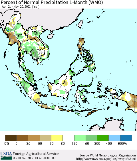 South East Asia Percent of Normal Precipitation 1-Month (WMO) Thematic Map For 4/21/2021 - 5/20/2021