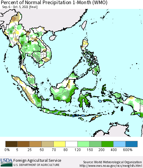 South East Asia Percent of Normal Precipitation 1-Month (WMO) Thematic Map For 9/6/2021 - 10/5/2021