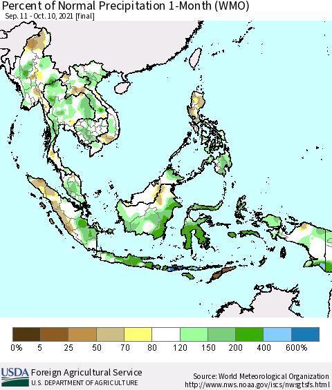 South East Asia Percent of Normal Precipitation 1-Month (WMO) Thematic Map For 9/11/2021 - 10/10/2021
