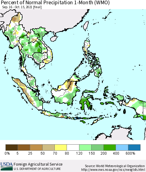 South East Asia Percent of Normal Precipitation 1-Month (WMO) Thematic Map For 9/16/2021 - 10/15/2021