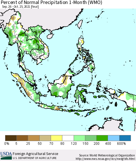 South East Asia Percent of Normal Precipitation 1-Month (WMO) Thematic Map For 9/26/2021 - 10/25/2021