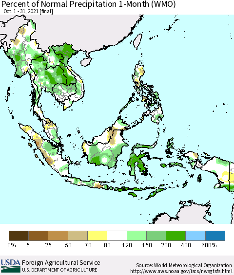 South East Asia Percent of Normal Precipitation 1-Month (WMO) Thematic Map For 10/1/2021 - 10/31/2021