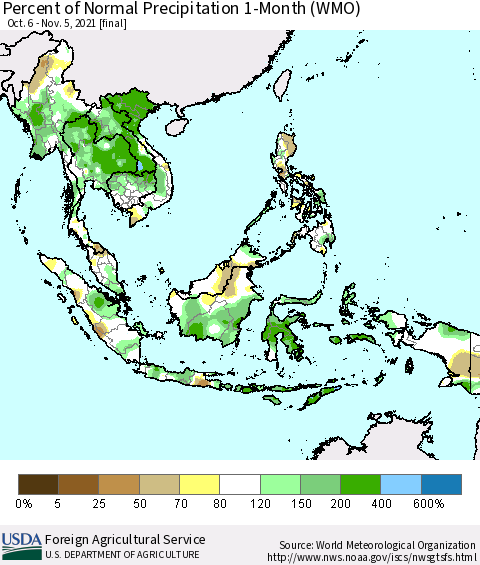 South East Asia Percent of Normal Precipitation 1-Month (WMO) Thematic Map For 10/6/2021 - 11/5/2021