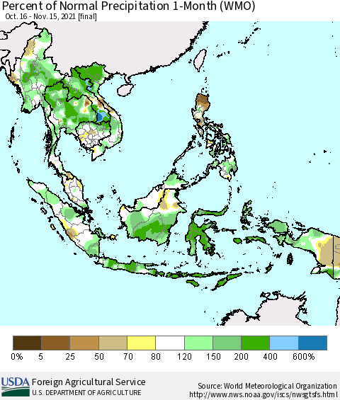 South East Asia Percent of Normal Precipitation 1-Month (WMO) Thematic Map For 10/16/2021 - 11/15/2021