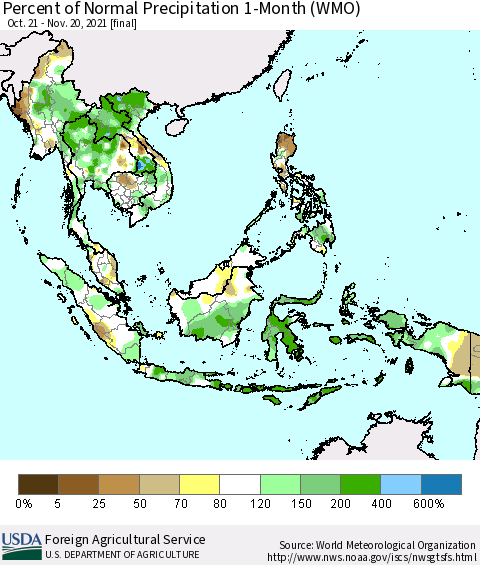 South East Asia Percent of Normal Precipitation 1-Month (WMO) Thematic Map For 10/21/2021 - 11/20/2021