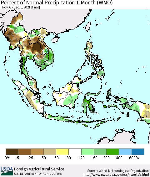 South East Asia Percent of Normal Precipitation 1-Month (WMO) Thematic Map For 11/6/2021 - 12/5/2021