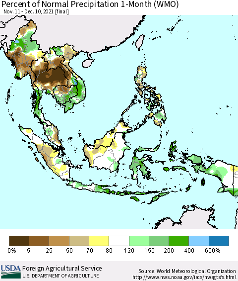 South East Asia Percent of Normal Precipitation 1-Month (WMO) Thematic Map For 11/11/2021 - 12/10/2021