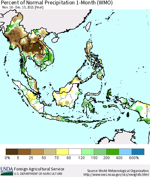 South East Asia Percent of Normal Precipitation 1-Month (WMO) Thematic Map For 11/16/2021 - 12/15/2021