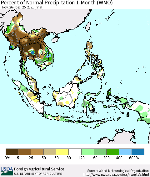 South East Asia Percent of Normal Precipitation 1-Month (WMO) Thematic Map For 11/26/2021 - 12/25/2021