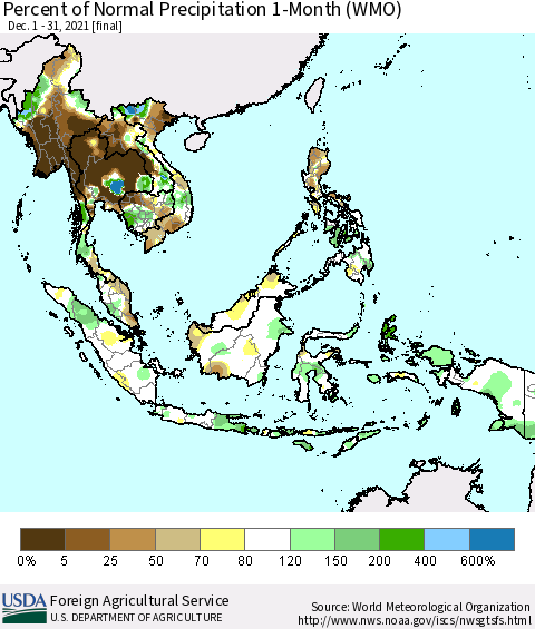 South East Asia Percent of Normal Precipitation 1-Month (WMO) Thematic Map For 12/1/2021 - 12/31/2021