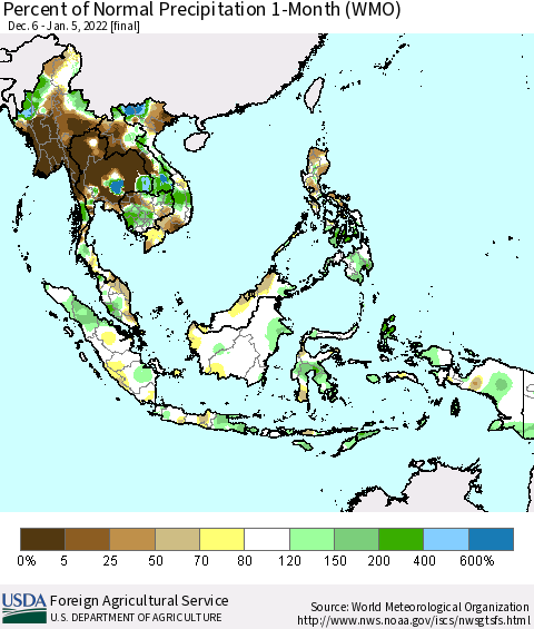 South East Asia Percent of Normal Precipitation 1-Month (WMO) Thematic Map For 12/6/2021 - 1/5/2022