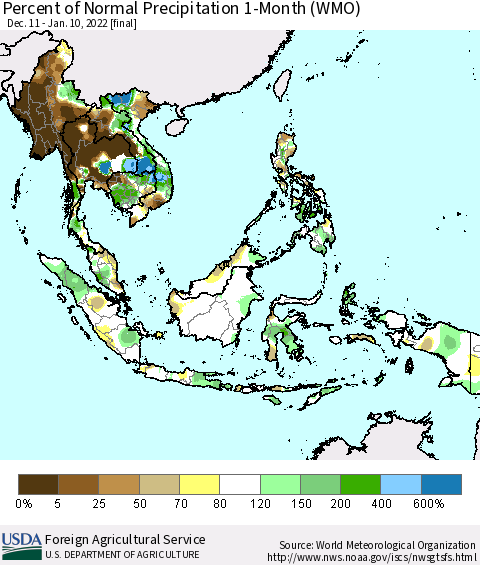 South East Asia Percent of Normal Precipitation 1-Month (WMO) Thematic Map For 12/11/2021 - 1/10/2022