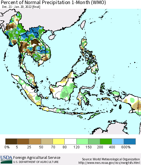 South East Asia Percent of Normal Precipitation 1-Month (WMO) Thematic Map For 12/21/2021 - 1/20/2022