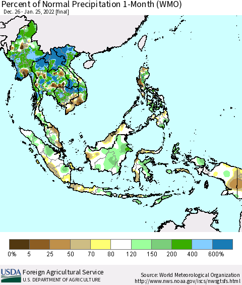 South East Asia Percent of Normal Precipitation 1-Month (WMO) Thematic Map For 12/26/2021 - 1/25/2022