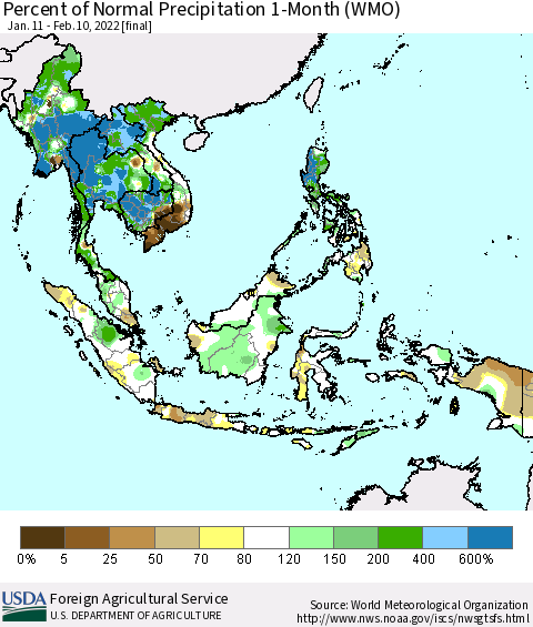 South East Asia Percent of Normal Precipitation 1-Month (WMO) Thematic Map For 1/11/2022 - 2/10/2022