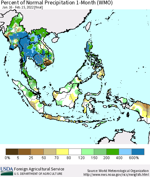 South East Asia Percent of Normal Precipitation 1-Month (WMO) Thematic Map For 1/16/2022 - 2/15/2022