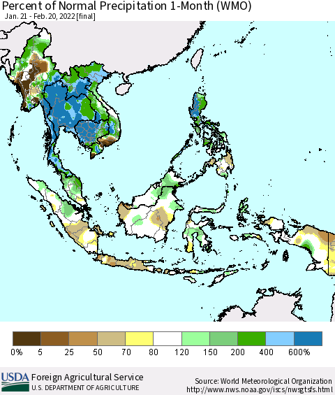 South East Asia Percent of Normal Precipitation 1-Month (WMO) Thematic Map For 1/21/2022 - 2/20/2022