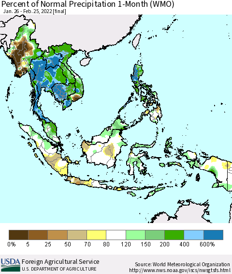 South East Asia Percent of Normal Precipitation 1-Month (WMO) Thematic Map For 1/26/2022 - 2/25/2022