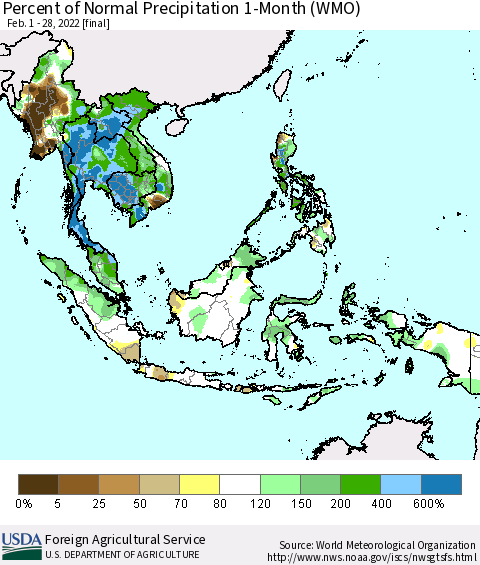South East Asia Percent of Normal Precipitation 1-Month (WMO) Thematic Map For 2/1/2022 - 2/28/2022