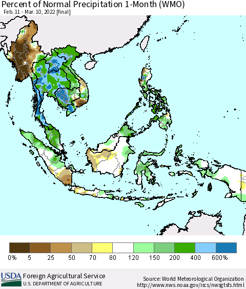 South East Asia Percent of Normal Precipitation 1-Month (WMO) Thematic Map For 2/11/2022 - 3/10/2022