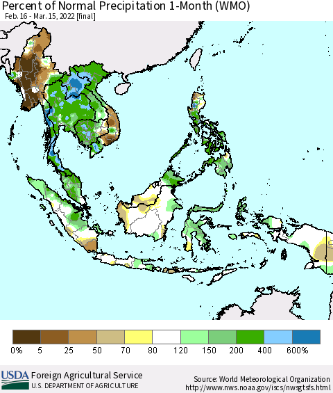 South East Asia Percent of Normal Precipitation 1-Month (WMO) Thematic Map For 2/16/2022 - 3/15/2022