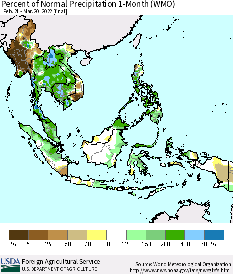 South East Asia Percent of Normal Precipitation 1-Month (WMO) Thematic Map For 2/21/2022 - 3/20/2022