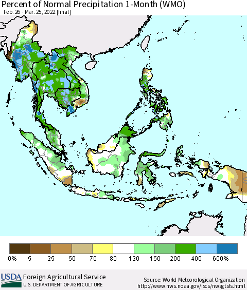 South East Asia Percent of Normal Precipitation 1-Month (WMO) Thematic Map For 2/26/2022 - 3/25/2022
