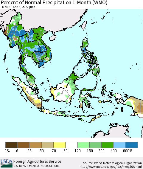 South East Asia Percent of Normal Precipitation 1-Month (WMO) Thematic Map For 3/6/2022 - 4/5/2022