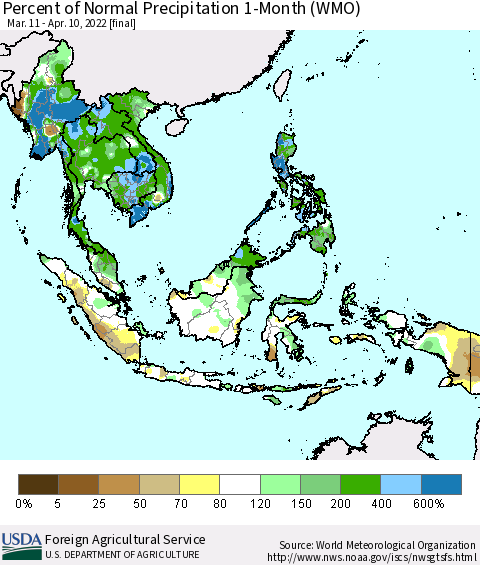 South East Asia Percent of Normal Precipitation 1-Month (WMO) Thematic Map For 3/11/2022 - 4/10/2022