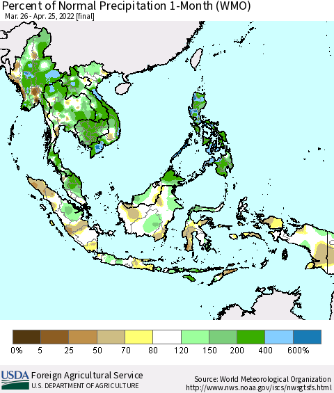 South East Asia Percent of Normal Precipitation 1-Month (WMO) Thematic Map For 3/26/2022 - 4/25/2022