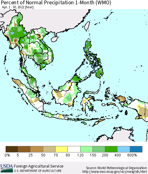 South East Asia Percent of Normal Precipitation 1-Month (WMO) Thematic Map For 4/1/2022 - 4/30/2022