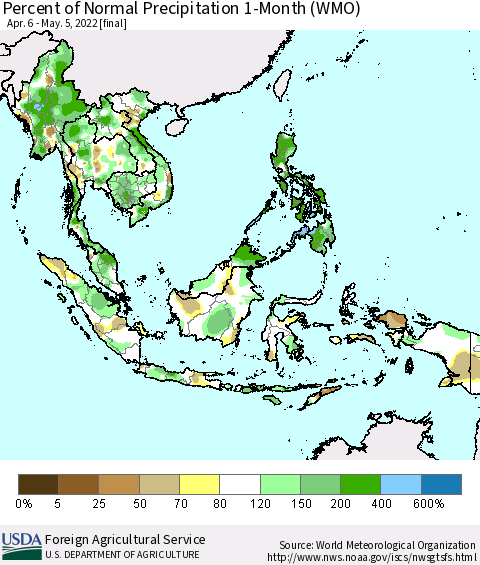 South East Asia Percent of Normal Precipitation 1-Month (WMO) Thematic Map For 4/6/2022 - 5/5/2022
