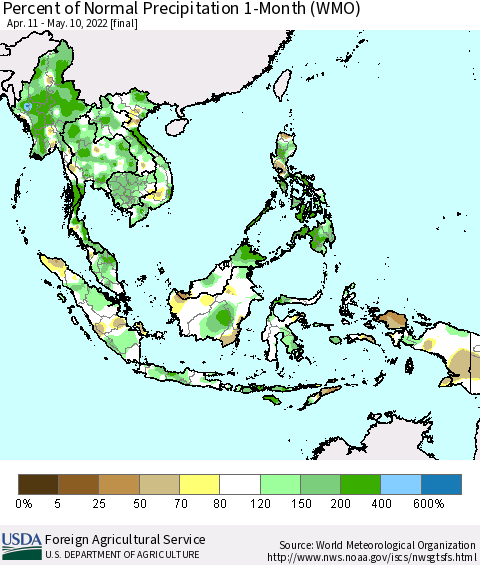 South East Asia Percent of Normal Precipitation 1-Month (WMO) Thematic Map For 4/11/2022 - 5/10/2022