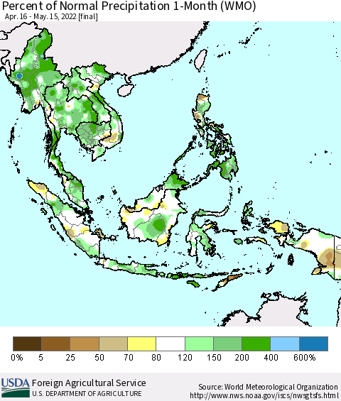 South East Asia Percent of Normal Precipitation 1-Month (WMO) Thematic Map For 4/16/2022 - 5/15/2022
