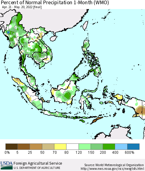 South East Asia Percent of Normal Precipitation 1-Month (WMO) Thematic Map For 4/21/2022 - 5/20/2022