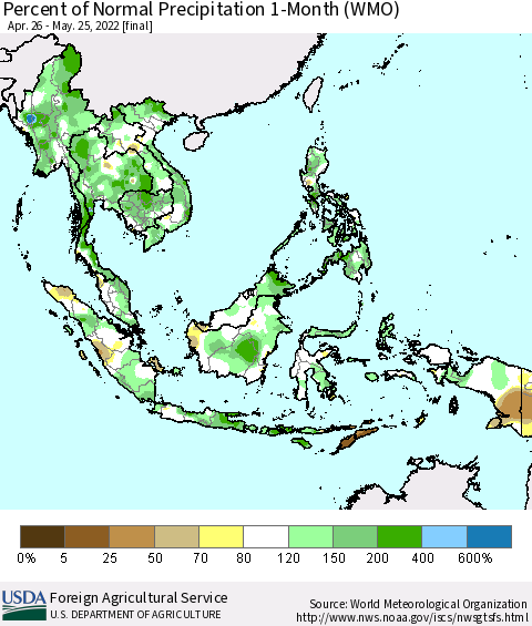 South East Asia Percent of Normal Precipitation 1-Month (WMO) Thematic Map For 4/26/2022 - 5/25/2022