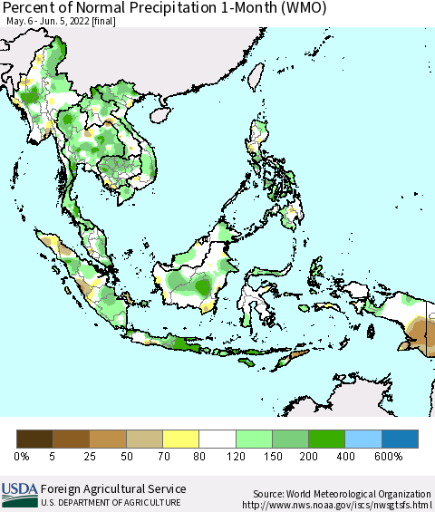 South East Asia Percent of Normal Precipitation 1-Month (WMO) Thematic Map For 5/6/2022 - 6/5/2022