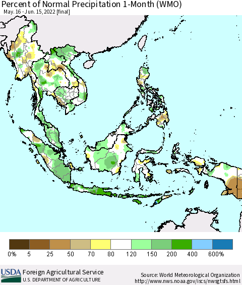 South East Asia Percent of Normal Precipitation 1-Month (WMO) Thematic Map For 5/16/2022 - 6/15/2022